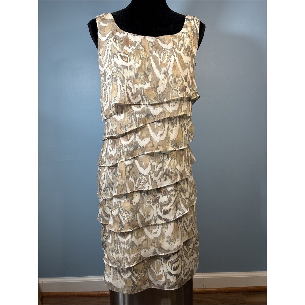 Dressbarn Tan & White Tiered Layered Sleeveless Animal Print Dress (Women’s 12)